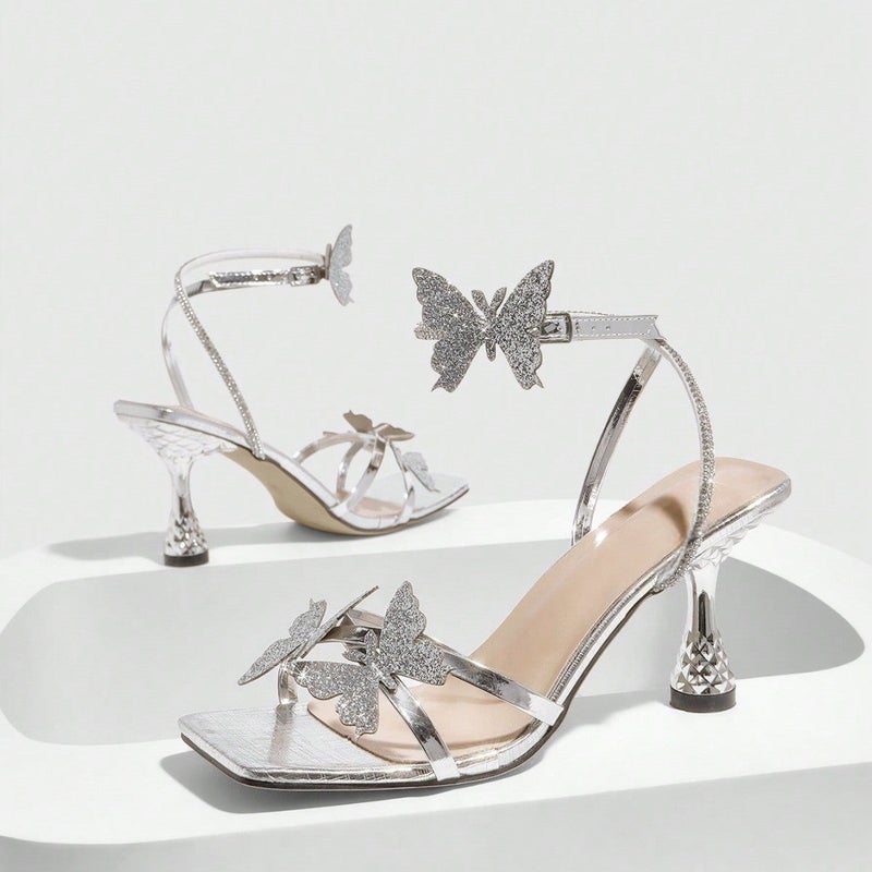 Women'S Round-Toe Three-Dimensional Flower Lacquer Heel Stiletto Sandals Women'S Shoes Elegant Silver High Heels - Image 4