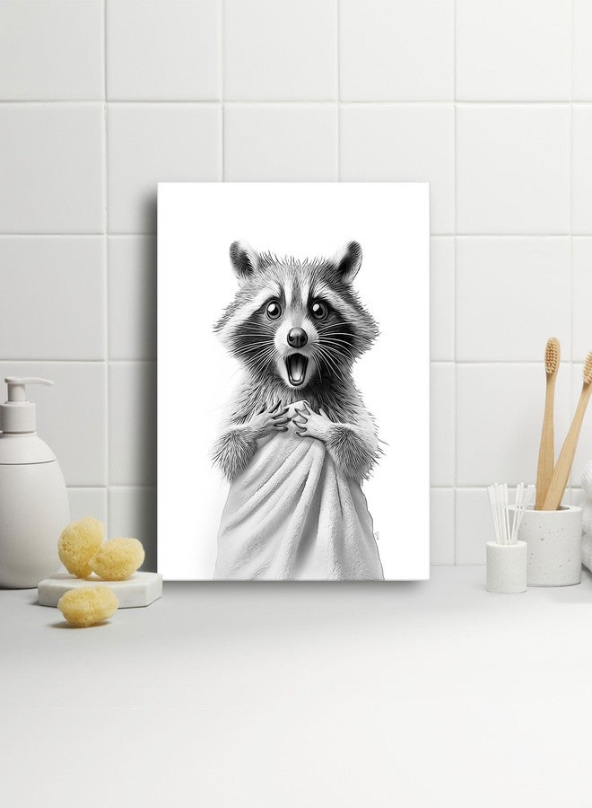 HesenDot Raccoon in Towel Framed Wall Art,12x16in Funny Animal Bathroom Canvas Print, Black and White Raccoon Poster,Cute Racoon Picture Wall Decor for Bathroom Kid Room Bedroom Nursery Home, 1 Pack - Image 3