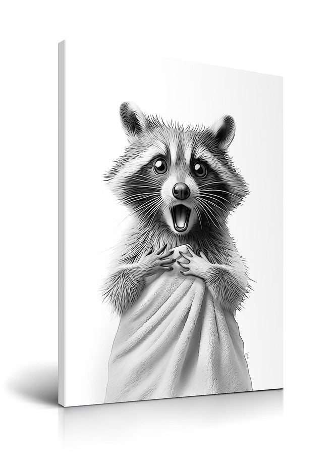 HesenDot Raccoon in Towel Framed Wall Art,12x16in Funny Animal Bathroom Canvas Print, Black and White Raccoon Poster,Cute Racoon Picture Wall Decor for Bathroom Kid Room Bedroom Nursery Home, 1 Pack - Image 1