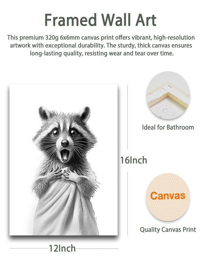 HesenDot Raccoon in Towel Framed Wall Art,12x16in Funny Animal Bathroom Canvas Print, Black and White Raccoon Poster,Cute Racoon Picture Wall Decor for Bathroom Kid Room Bedroom Nursery Home, 1 Pack - Image 2