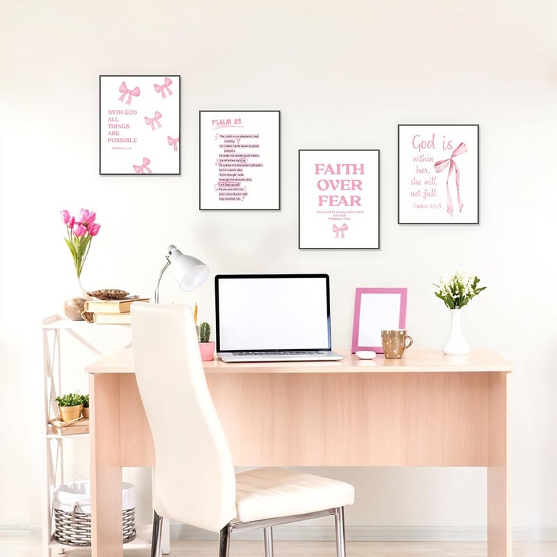 Etviso Coquette Pink Bow Wall Art Prints مجموعة من 4 قوس ديكور ديكور مسيحي جدار الفن الهدايا للنساء المراهقات في سن المراهقة الفتيات الملهمة آيات الكتاب المقدس ديكور 8x10 بوصة (دون إطار) - Image 1
