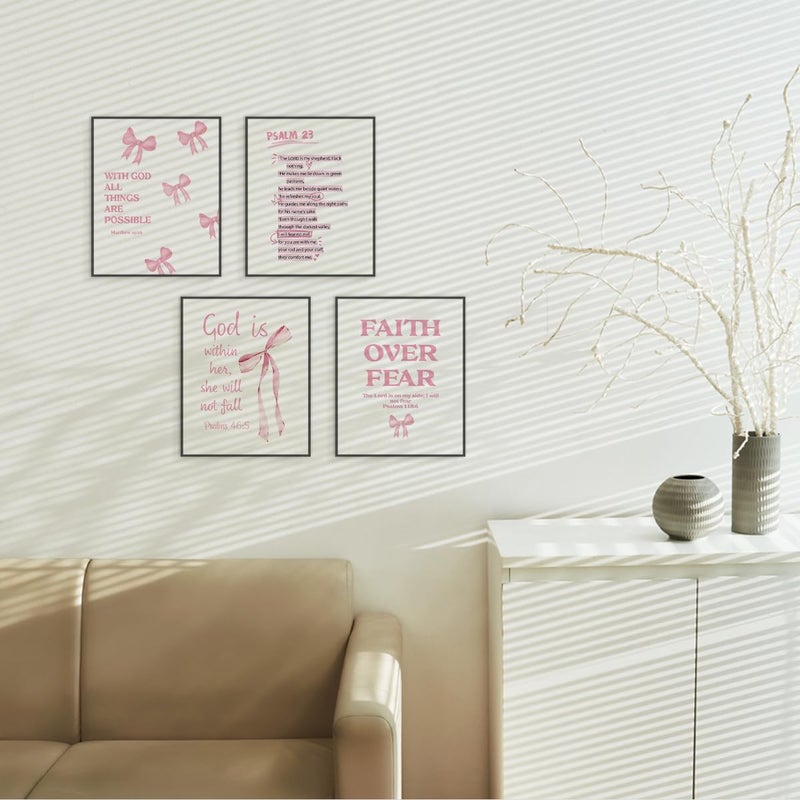 Etviso Coquette Pink Bow Wall Art Prints مجموعة من 4 قوس ديكور ديكور مسيحي جدار الفن الهدايا للنساء المراهقات في سن المراهقة الفتيات الملهمة آيات الكتاب المقدس ديكور 8x10 بوصة (دون إطار) - Image 2