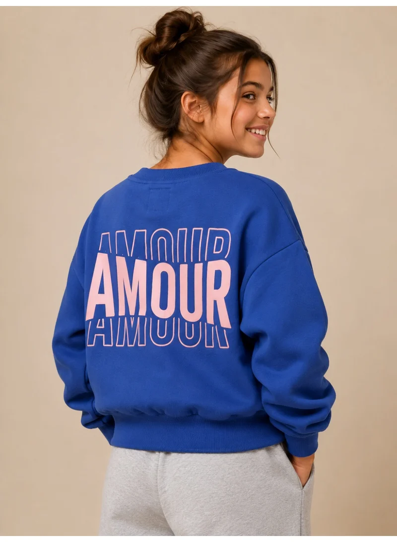 No Way Monday Girls “80 / Amour” Graphic Long Sleeve Loose Fit Sweatshirt