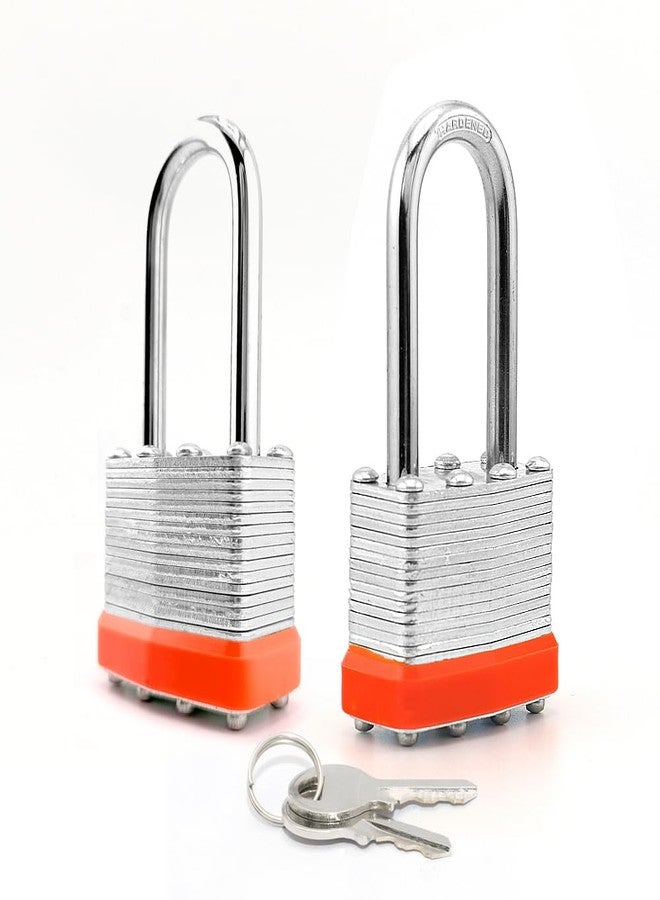 LanuBe Lock Laminated keyed Padlock (1-9/16", 40mm), keyed Alike Locks, Long Shackle,Marked Orange Plastic Hoop, Pack of 2 - Image 1