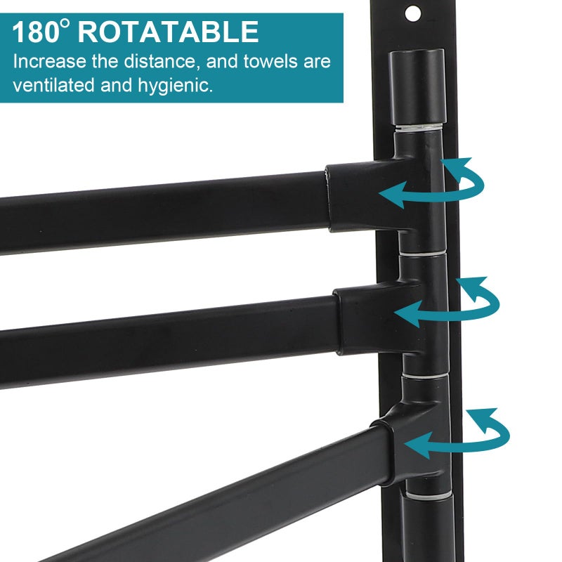 Rotatable Wall Mount 3 Bar Swivel Towel Rack Black Aluminum Bathroom Holder - Image 3
