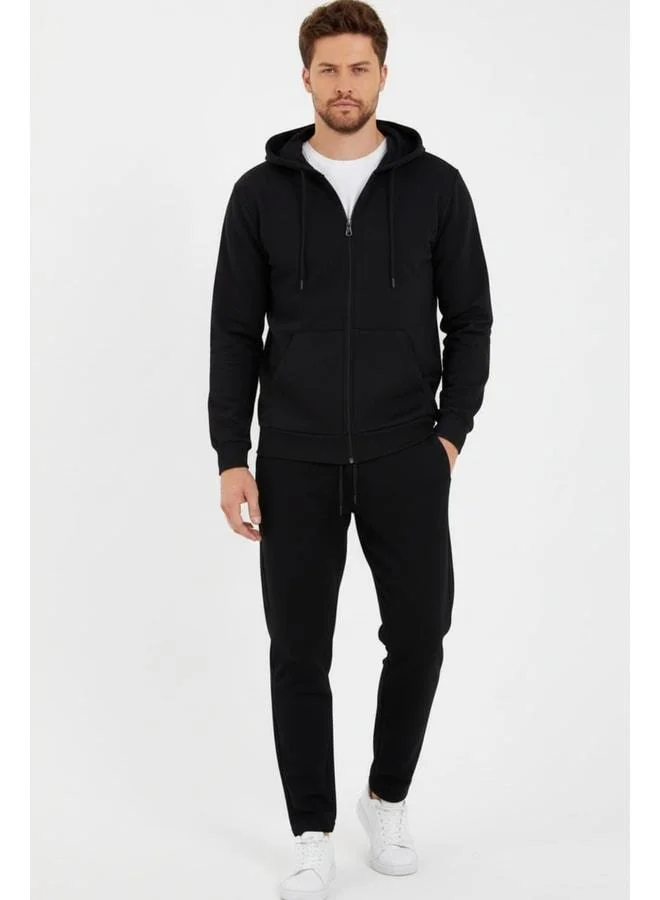 mmetalic Black Hooded Regular Fit Cardigan and Straight Leg Men's Tracksuit