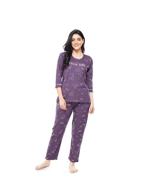 Women's Cotton Flash Printed Night Suit set of Shirt & Pajama Set