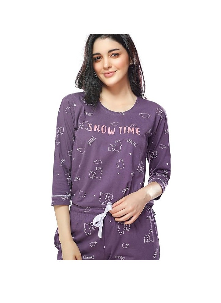 Women's Cotton Flash Printed Night Suit set of Shirt & Pajama Set
