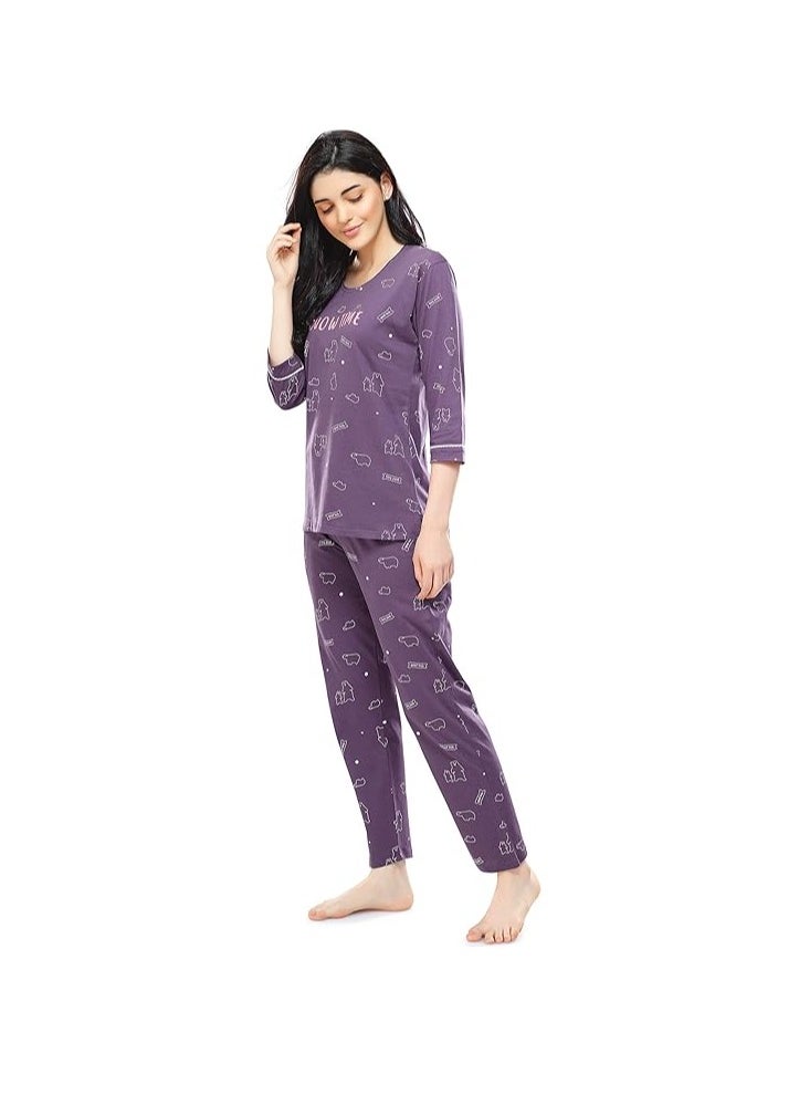 Women's Cotton Flash Printed Night Suit set of Shirt & Pajama Set