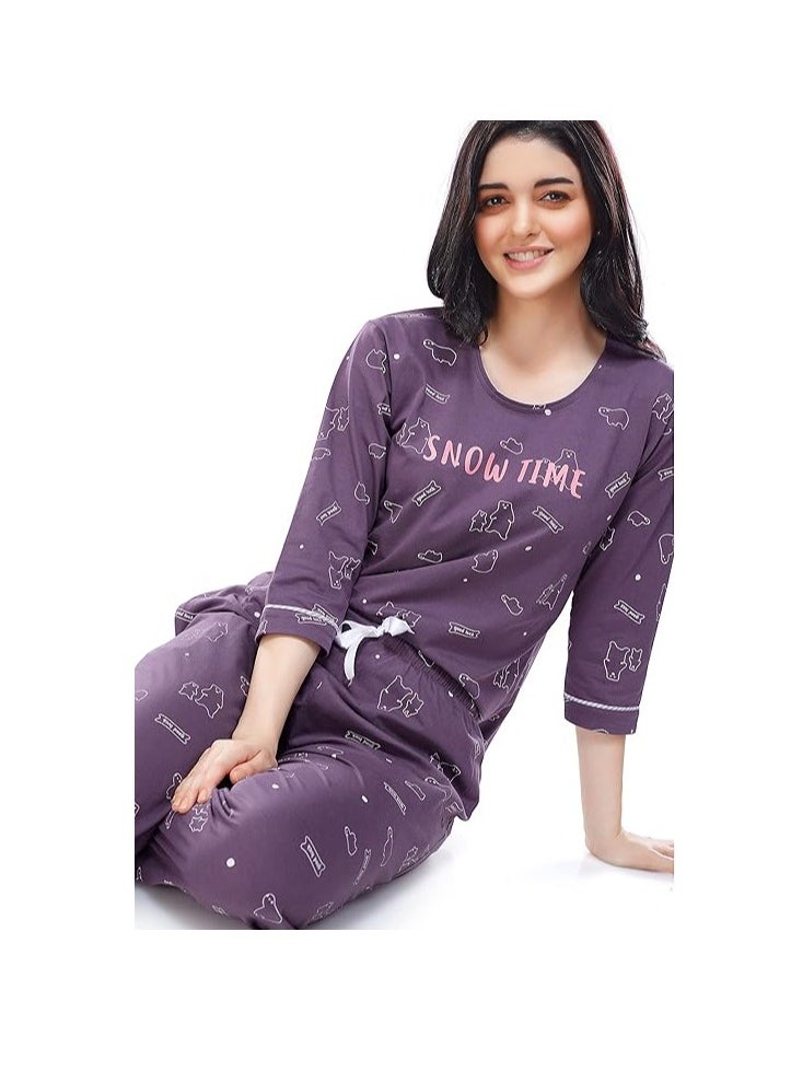 Women's Cotton Flash Printed Night Suit set of Shirt & Pajama Set