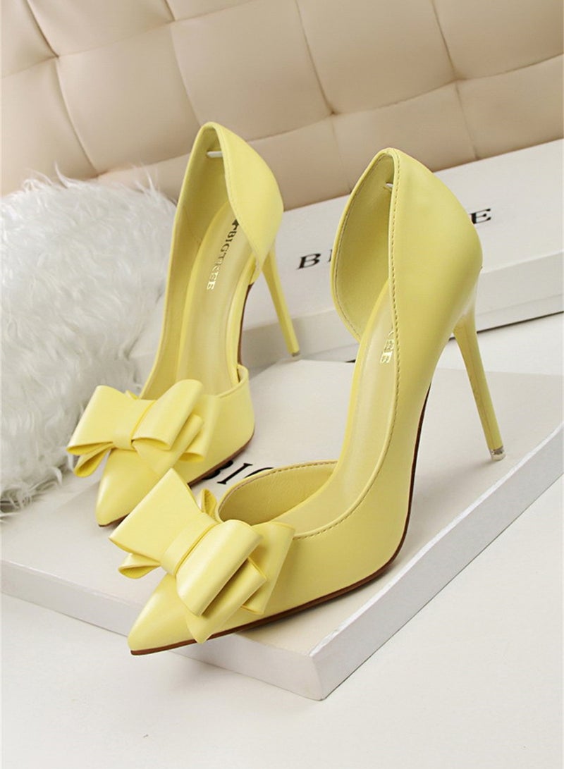 BIGTREE 10.5cm Fashion Bow High Heels Shallow Mouth Pointed Side Hollowed Out Single Shoes Yellow  - Image 1