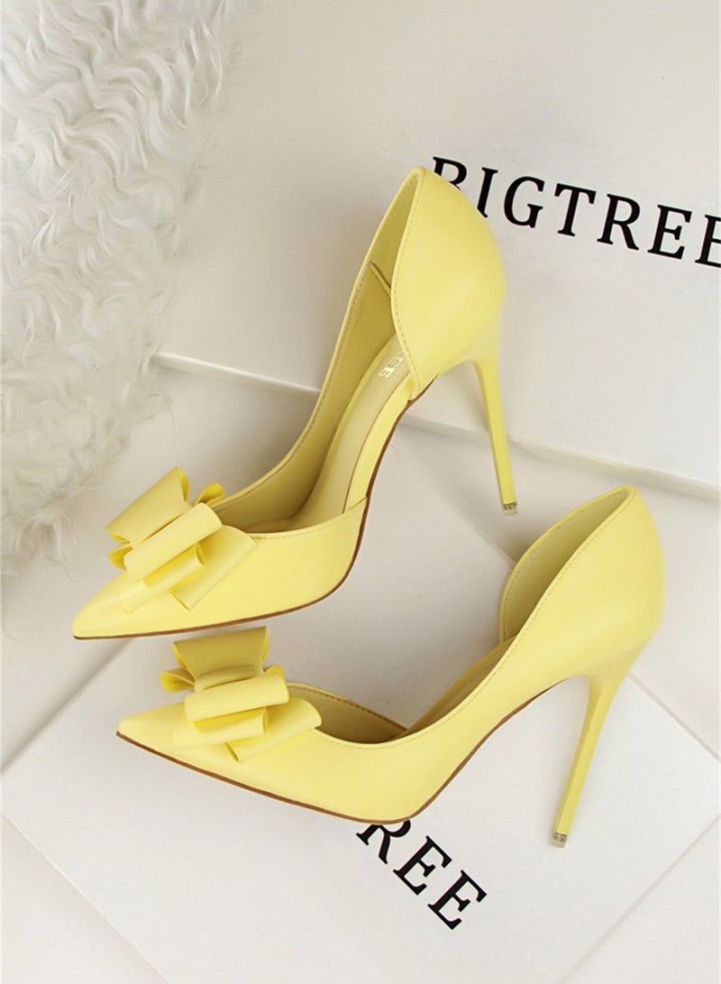 BIGTREE 10.5cm Fashion Bow High Heels Shallow Mouth Pointed Side Hollowed Out Single Shoes Yellow  - Image 2