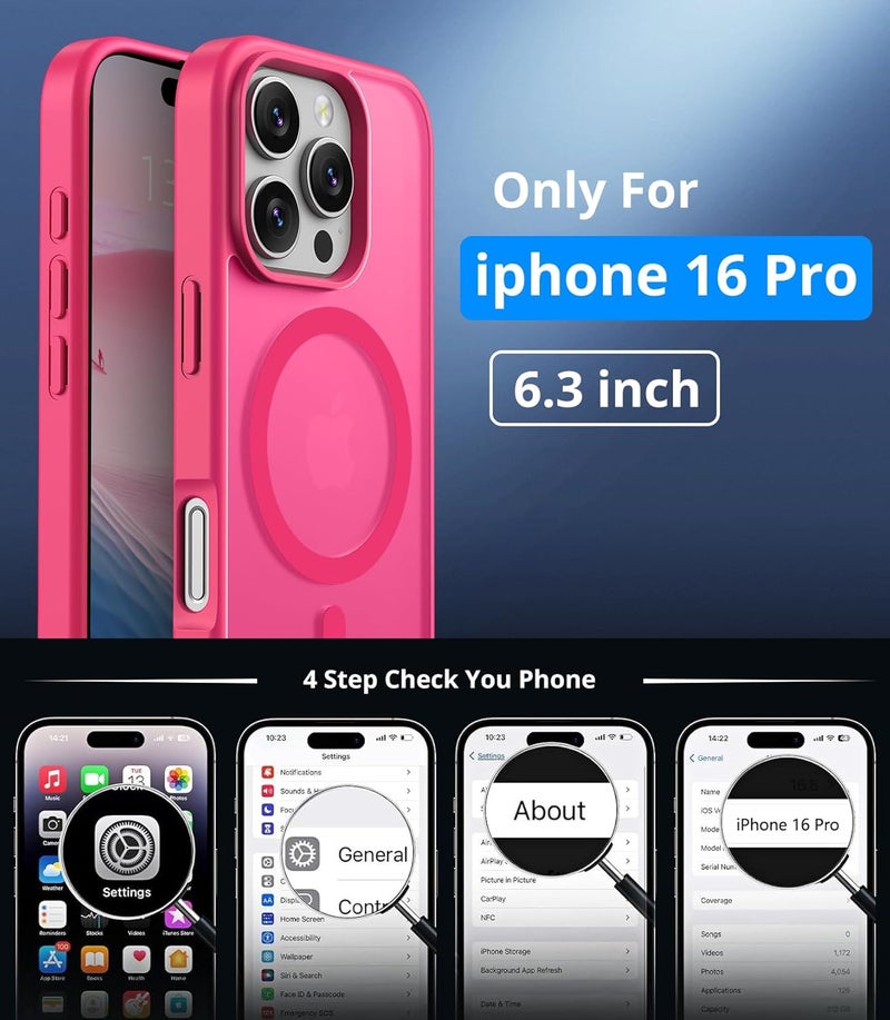 حافظة مغناطيسية لـ iPhone 16 Pro مع زجاج واقي واحد، متوافقة مع Magsafe، حماية من السقوط وفق المعايير العسكرية، ظهر غير لامع شفاف، حافظة هاتف مقاومة للصدمات، وردي فاقع - Image 4