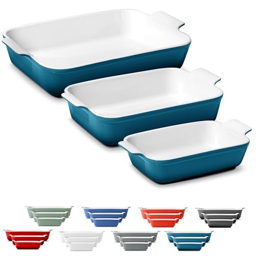 ROSSALLINI Stoneware Casserole Dish Bakeware Set of 3 | Rectangular Dinnerware Set with Handles [Ocean Blue] - Image 1
