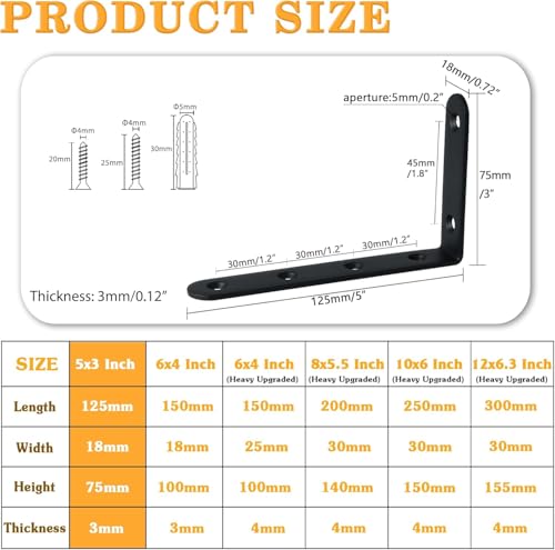 Alise Floating Shelf Bracket12Pcs Heavy Duty L Bracket Corner Brace5 x 3 Stainless Steel Corner Bracket Joint Angle Brackets for Hanging Support Shelves Support DIYBlack Finish - Image 3