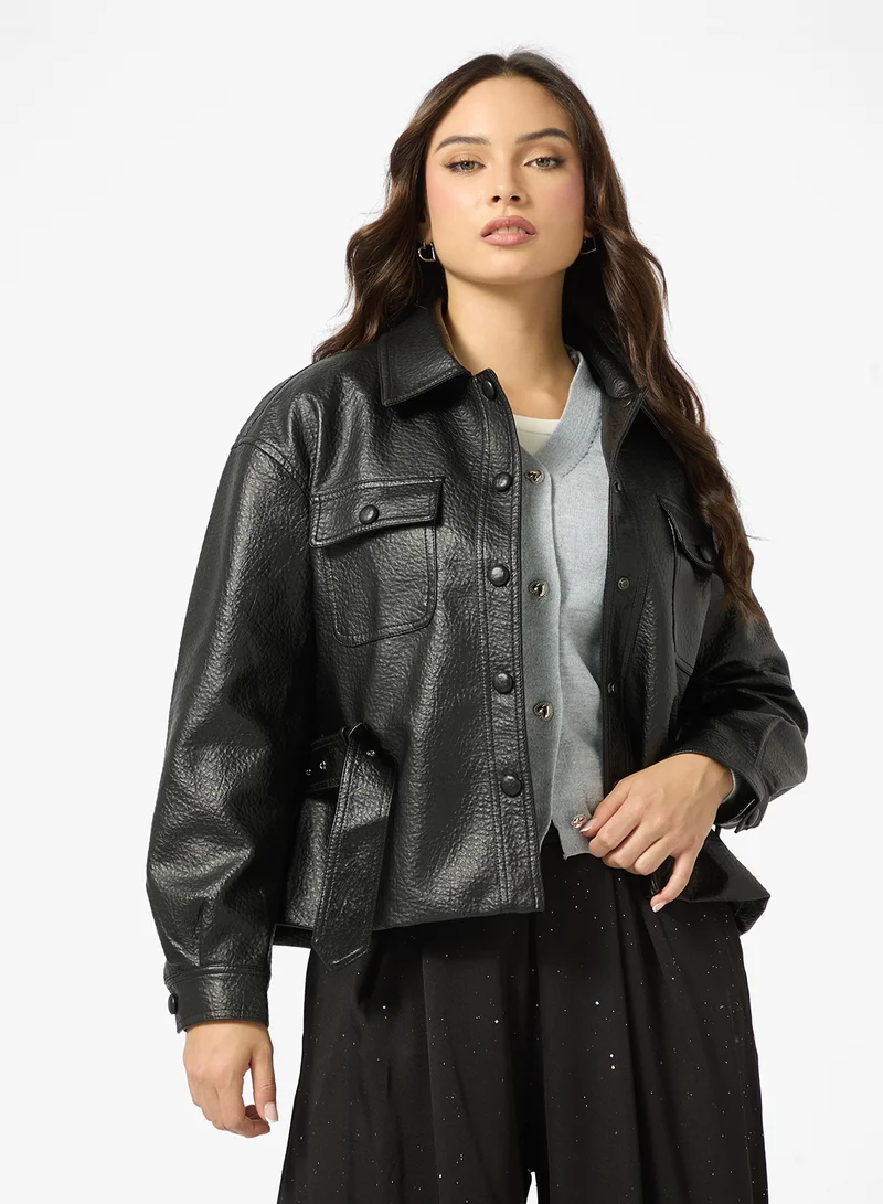 جينجر Oversize PU Button Down Jacket