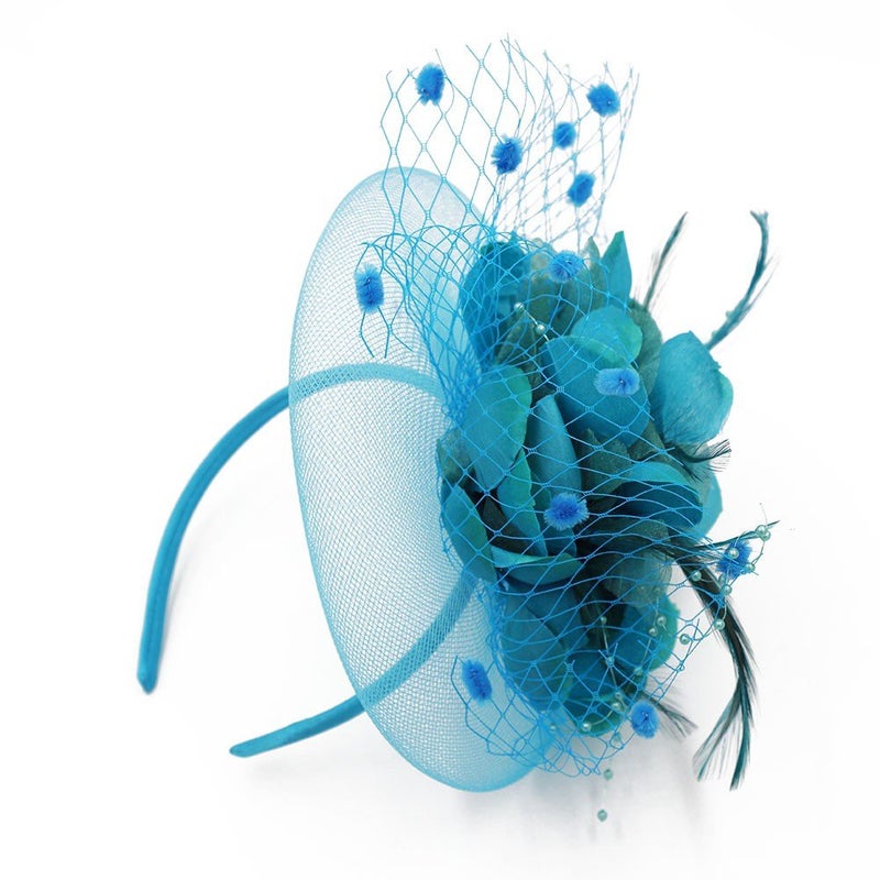 ACTLATI Charming Big Flower Headband Netting Mesh Hair Band Cocktail Hat Party Girls Women Fascinator, Lake Blue, One Size - Image 4