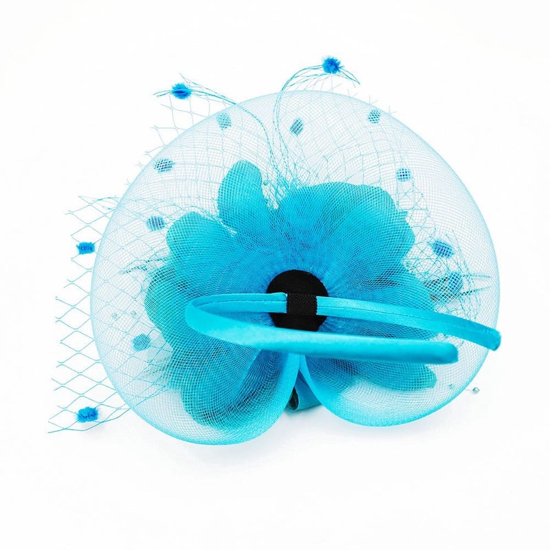 ACTLATI Charming Big Flower Headband Netting Mesh Hair Band Cocktail Hat Party Girls Women Fascinator, Lake Blue, One Size - Image 3