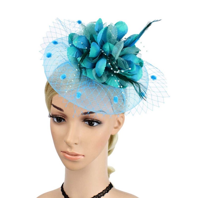 ACTLATI Charming Big Flower Headband Netting Mesh Hair Band Cocktail Hat Party Girls Women Fascinator, Lake Blue, One Size - Image 2