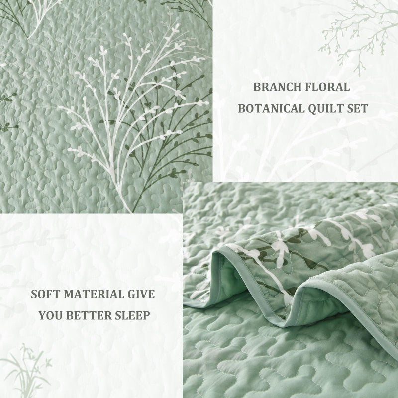 DJY Sage Green Quilt Set Queen Size - Branch Botanical Pattern Bedspread Coverlet Set, 3 Piece Green Floral Quilt Bedding Set Soft Microfiber Daybed Cover for All Season - Image 4