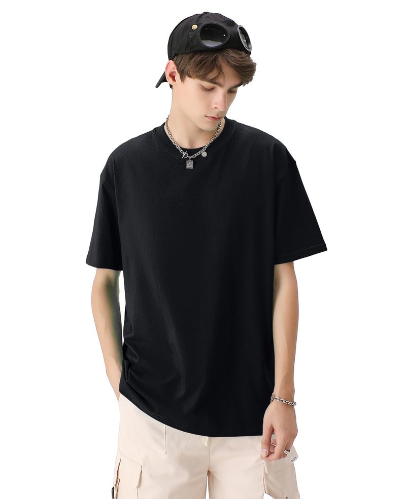 KEEPSHOWING Men's Oversized T-Shirts Cotton Unisex Short Sleeve Tshirts Crew Neck Loose Basic Tops Solid Athletic Tee(BK+BK+BK L) - Image 2