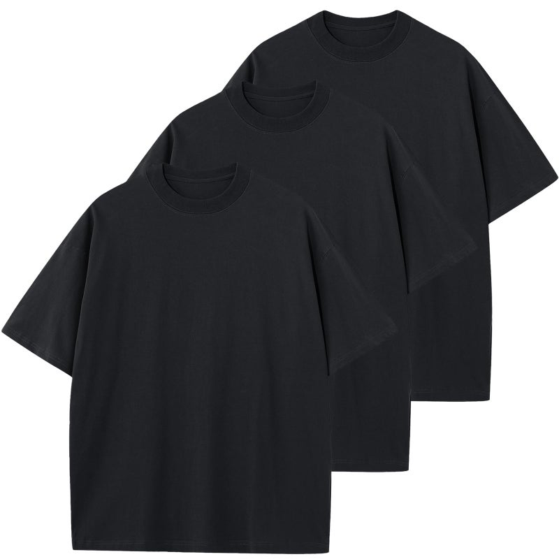 KEEPSHOWING Men's Oversized T-Shirts Cotton Unisex Short Sleeve Tshirts Crew Neck Loose Basic Tops Solid Athletic Tee(BK+BK+BK L) - Image 1