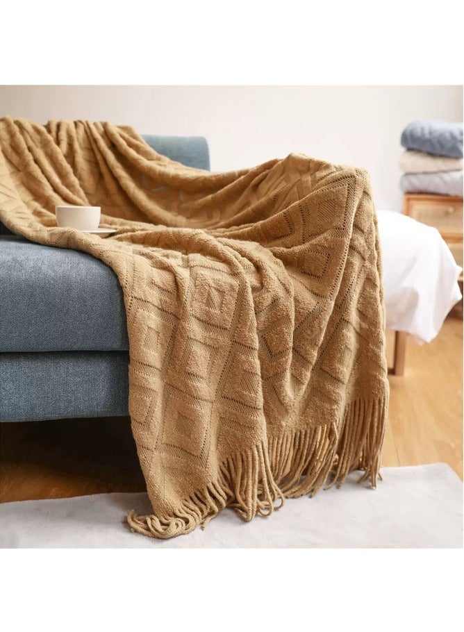 Tassel Design Soft Blanket Keep Warm Cotton Light Brown 127 x 180cm