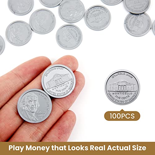 YTYOTO 100 Pcs Fake Coins for Kids Learning Plastic Play Coins for Teaching 100 Nickels for Kids Pretend Play Store Or Cash Register - Image 5
