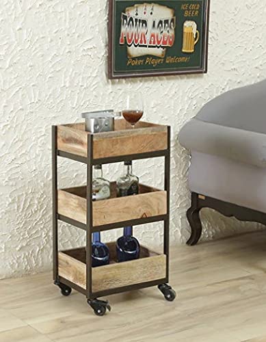 Generic Indian Decor 45839 Three Tier Bar Serving CartMobile Kitchen Cart on Wheels Kitchen Carts for HomeIndustrial Vintage Style Wood Metal Serving Trolley with Removable Top Tray Brown  - Image 1