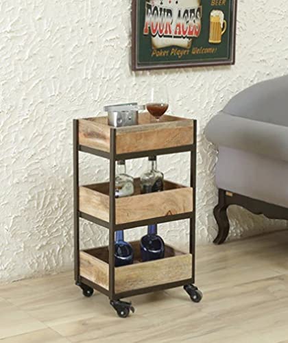 Generic Indian Decor 45839 Three Tier Bar Serving CartMobile Kitchen Cart on Wheels Kitchen Carts for HomeIndustrial Vintage Style Wood Metal Serving Trolley with Removable Top Tray Brown  - Image 2