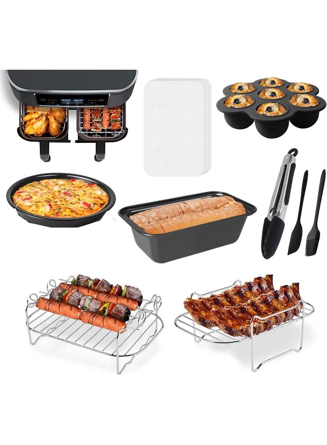 Dual Basket Air Fryer Accessories, Set of 9 Fit for Dual Air Fryer DZ201, DZ401 & Most 8 Quart - 10 Quart and Larger Dual Zone Air Fryer, Include Cake Pizza Pan, Rack & Skewer  - Image 1