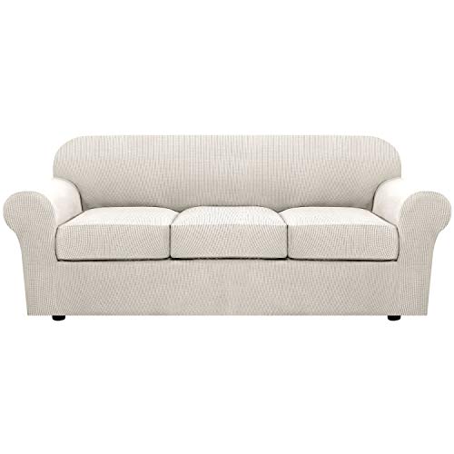 H.VERSAILTEX 4 Piece Stretch Couch Covers for 3 Cushion Couch Sofa Furniture Slipcovers Feature Upgraded Thicker Jacquard Fabric (Sofa, Ivory) - Image 1