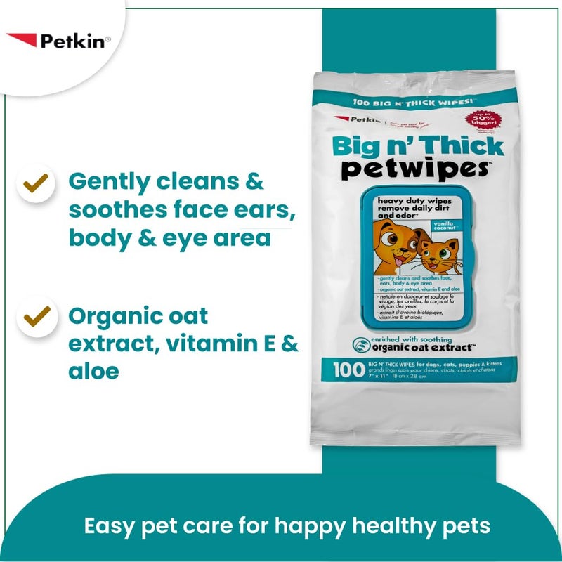 Petkin Big n' Thick Petwipes for Dogs and Cats, Wipes Away Daily Dirt and Odor, Cleans Face, Ears, Body and Eye Area, Super Convenient, Ideal for Home or Travel 100 Wipes - Image 2