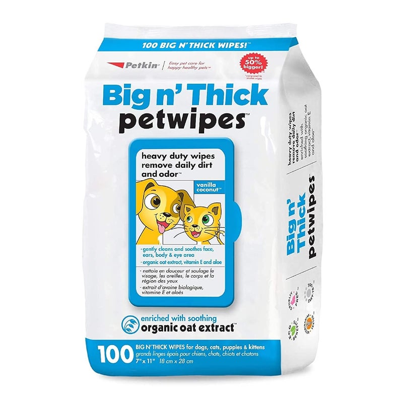 Petkin Big n' Thick Petwipes for Dogs and Cats, Wipes Away Daily Dirt and Odor, Cleans Face, Ears, Body and Eye Area, Super Convenient, Ideal for Home or Travel 100 Wipes - Image 1