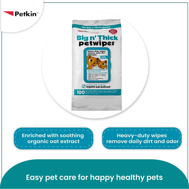 Petkin Big n' Thick Petwipes for Dogs and Cats, Wipes Away Daily Dirt and Odor, Cleans Face, Ears, Body and Eye Area, Super Convenient, Ideal for Home or Travel 100 Wipes - Image 4