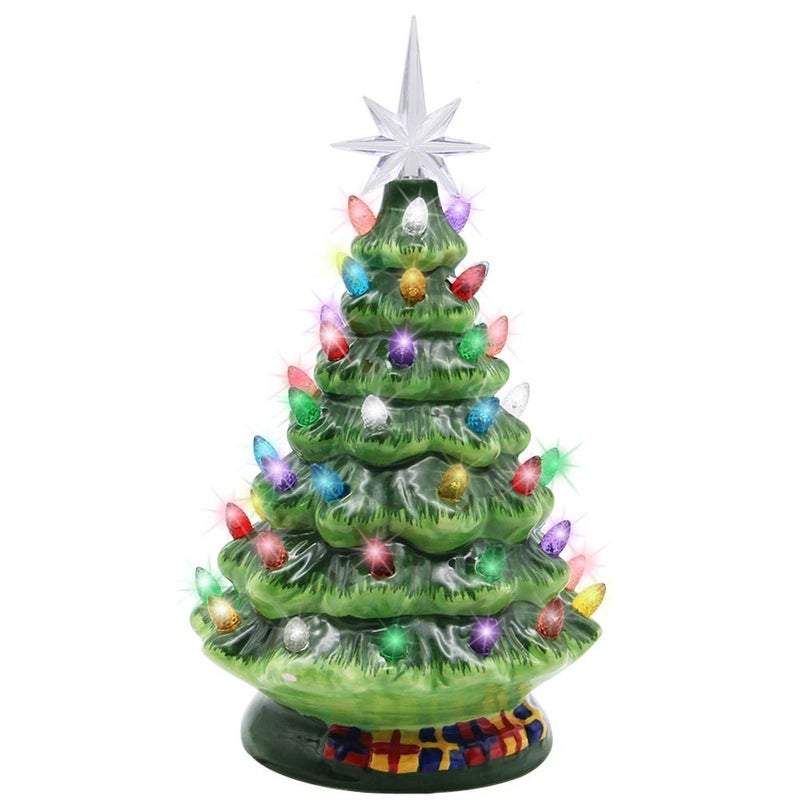 Blissun 10 Ceramic Christmas Tree Tabletop Christmas Tree Lights Decorations with 54 Multicolored Lights and 7 Point Star Topper for Christmas Table Decorations
