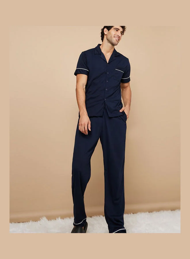 Styli Piping Detail Short Sleeves Shirt and Pyjama Nightwear Set