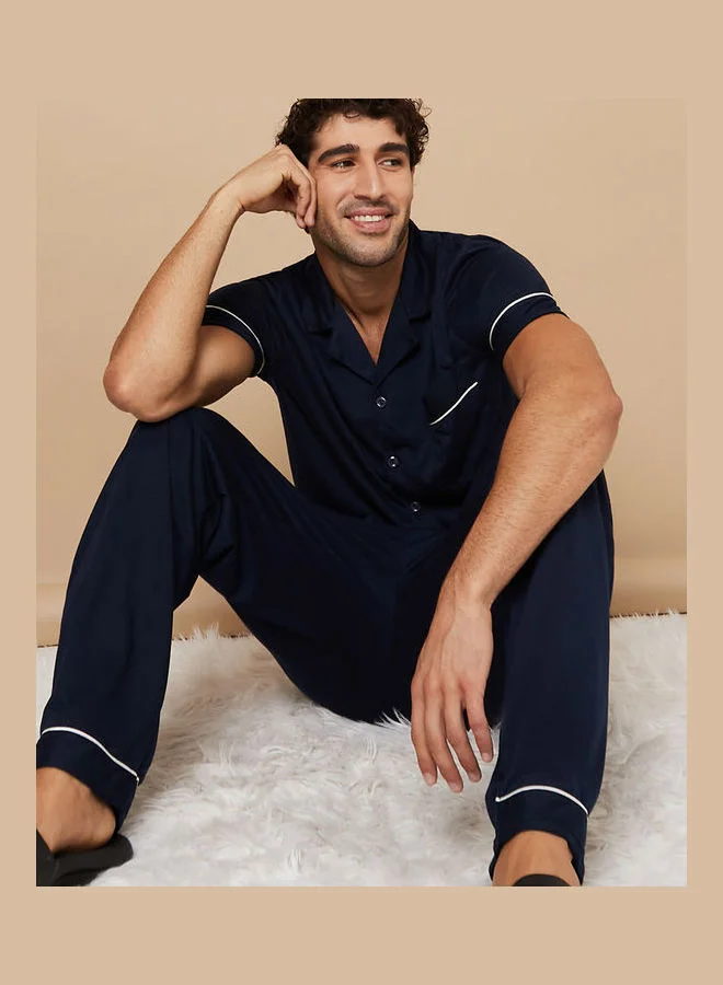 Styli Piping Detail Short Sleeves Shirt and Pyjama Nightwear Set