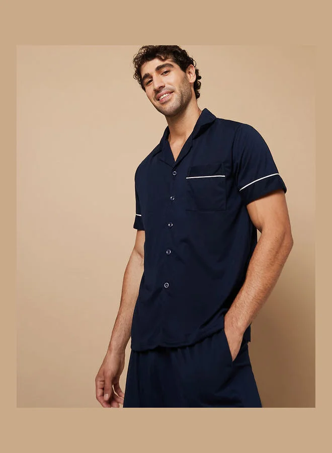 Styli Piping Detail Short Sleeves Shirt and Pyjama Nightwear Set