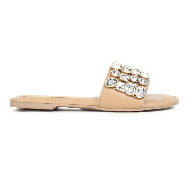 Sandal Stories Beige Crystal Luxe Slide Flats for Women