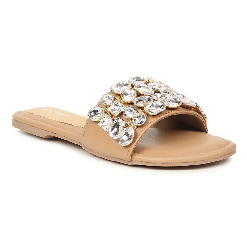 Sandal Stories Beige Crystal Luxe Slide Flats for Women