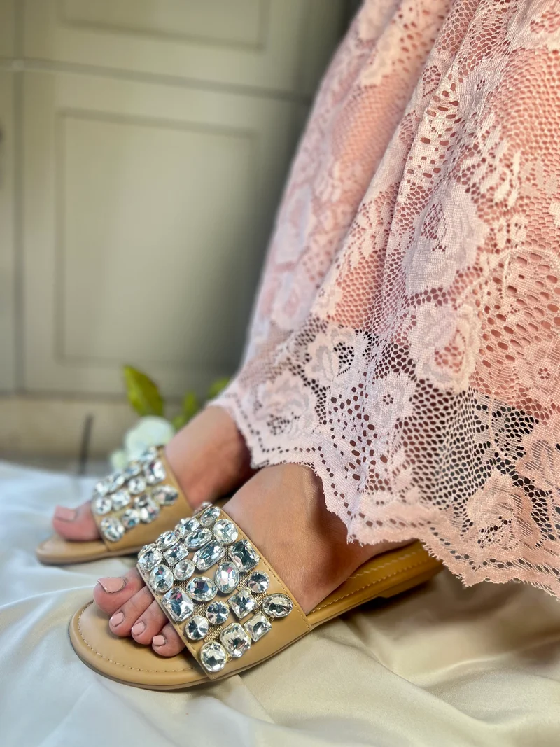 Sandal Stories Beige Crystal Luxe Slide Flats for Women