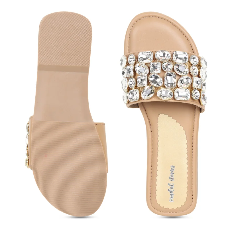 Sandal Stories Beige Crystal Luxe Slide Flats for Women