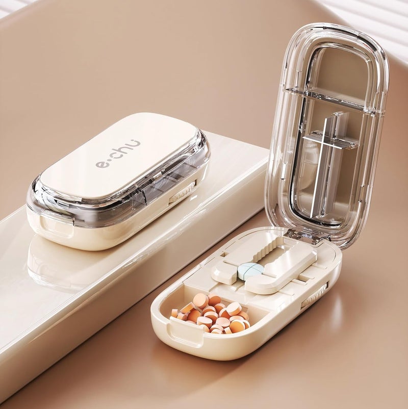 Off-white medicine dispenser with cleaning brush (1/2 + 1/4 medicine cutter, including storage compartment) - suitable for large and small tablets, portable for travel and pet feeding - Image 1