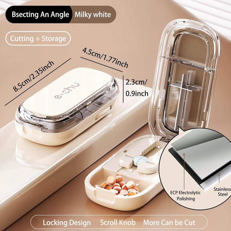 Off-white medicine dispenser with cleaning brush (1/2 + 1/4 medicine cutter, including storage compartment) - suitable for large and small tablets, portable for travel and pet feeding - Image 3