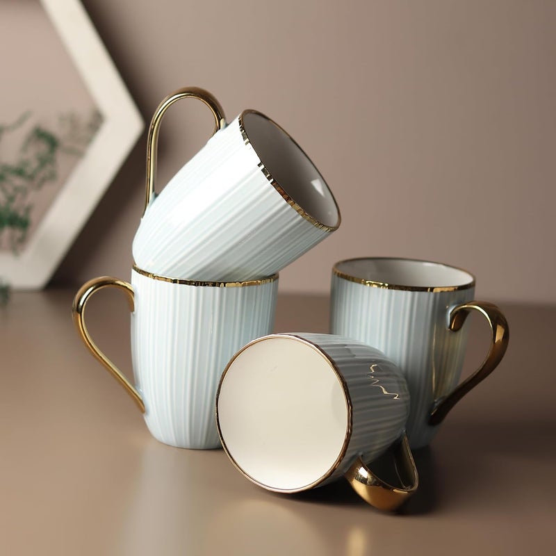 Lemon Tree Porcelain Ceramic TeaCoffee Mug Set 360 ml Set of 4 Stylish Design Ideal for Daily Use Gifting Fine Porcelain with Gold Rim Handle Blue - Image 2
