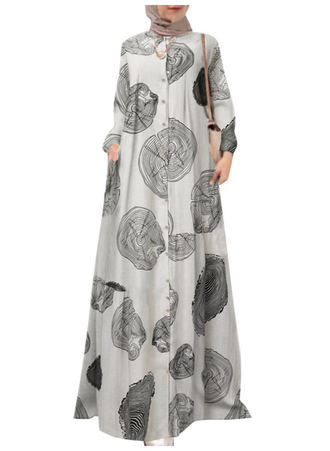 202 New Cotton And Linen Print Long Shirt Muslim Large Size Women's Loose Casual Retro Long Sleeve Dress