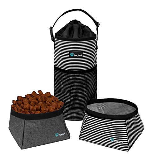 PetAmi Dog Food Travel Bag | Kibble Carrier for Dogs with Collapsible Dog Water Bowls Kit | Pet Food Travel Container Storage for Camping, Hiking Gear Accessories (Stripe Black, Grey) - Image 1