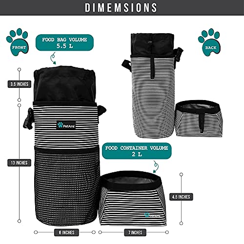 PetAmi Dog Food Travel Bag | Kibble Carrier for Dogs with Collapsible Dog Water Bowls Kit | Pet Food Travel Container Storage for Camping, Hiking Gear Accessories (Stripe Black, Grey) - Image 3