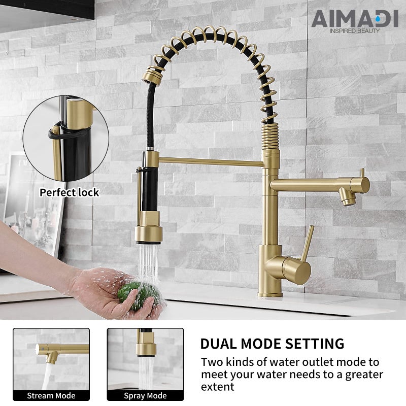 AIMADI Brushed Gold Kitchen Faucet with Pull Down Sprayer, AIMADI Commercial Gold Kitchen Sink Faucet Single Handle Spring Two Nozzles Faucets - Image 2